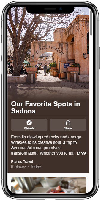 A smartphone displays an article titled Our Favorite Spots in Sedona with a photo of the Tlaquepaque entrance, tan stucco archway, potted plants, and people walking underneath on a sunny day.