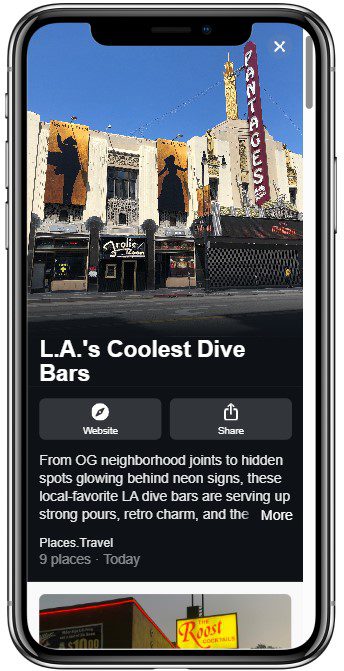 An art deco-style building with a vertical Pantages sign and a marquee, next to the Frolic Room, a classic dive bar with a neon sign, on a sunny Los Angeles street.