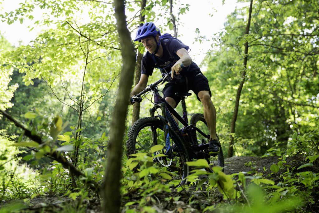 A person wearing a blue helmet and dark clothes rides a mountain bike through a lush, green forest on a sunny day, navigating over rocks and surrounded by trees and foliage.