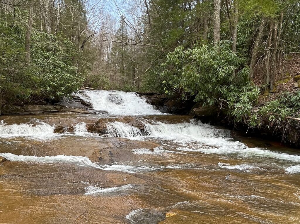 A small waterfall flows over rocks in a forested area with green shrubs and trees on both sides. The water appears clear and fast-moving, creating white foam as it cascades downstream.