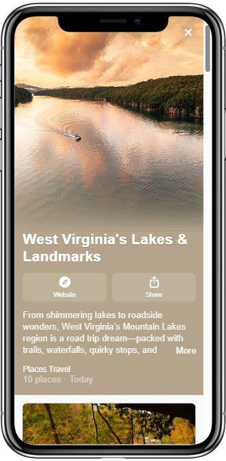 A boat moves across a wide, tranquil lake surrounded by forested hills at sunset, with soft golden light reflecting on the water. The image promotes West Virginias lakes and landmarks on a mobile website.