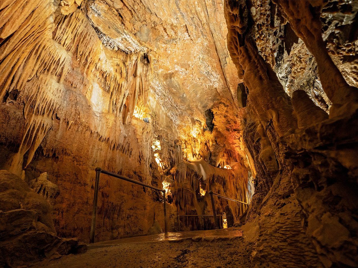 A well-lit cave interior features dramatic stalactites and stalagmites, with a metal railing along a winding path. The rocky walls and ceiling display intricate natural formations in warm, earthy tones.