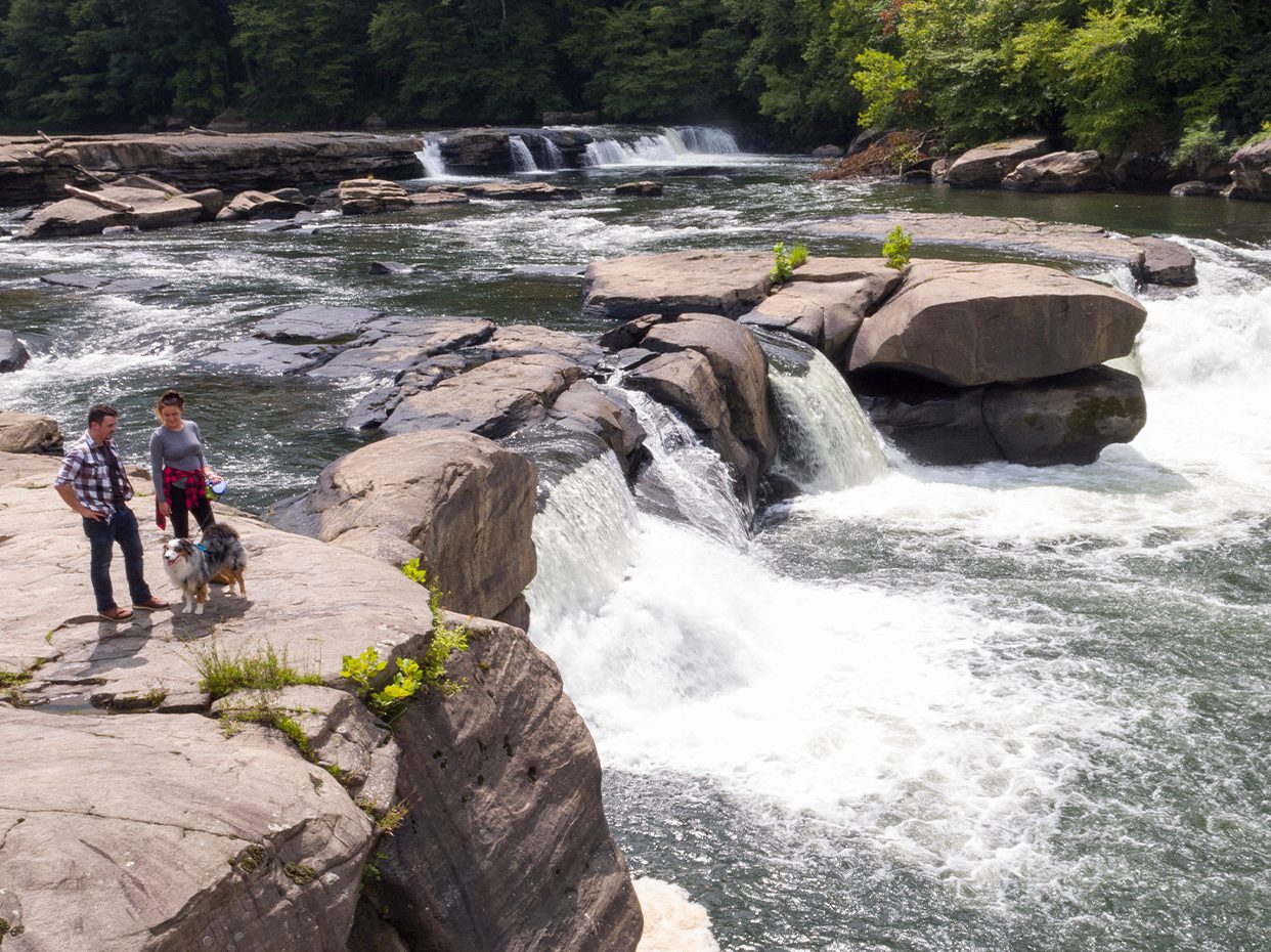 A man, woman, and dog stand on a rocky ledge overlooking rushing waterfalls and a river, surrounded by lush green trees.