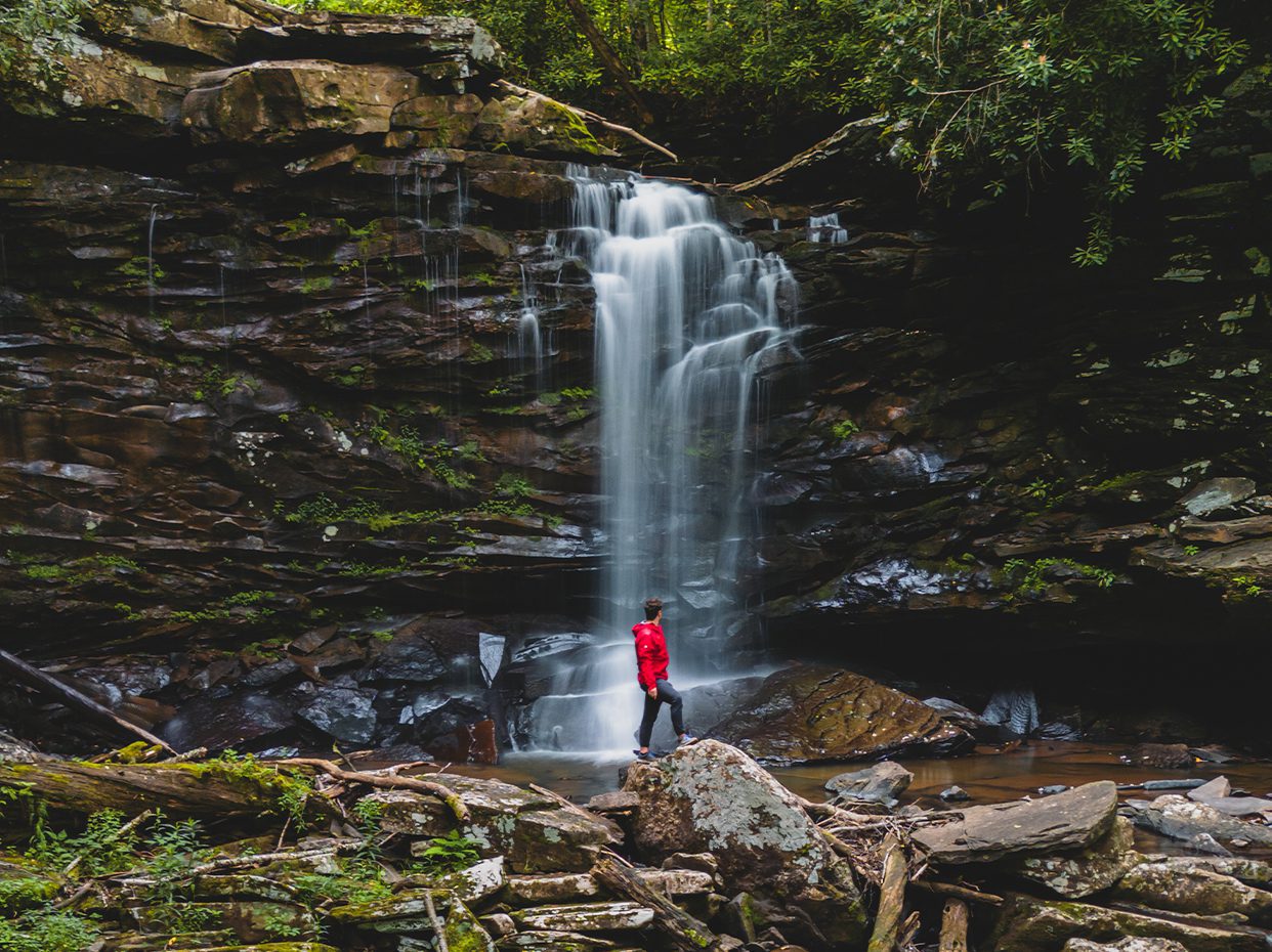 A person in a red jacket stands on rocks in front of a small, cascading waterfall surrounded by mossy stones and dense greenery in a forest setting.