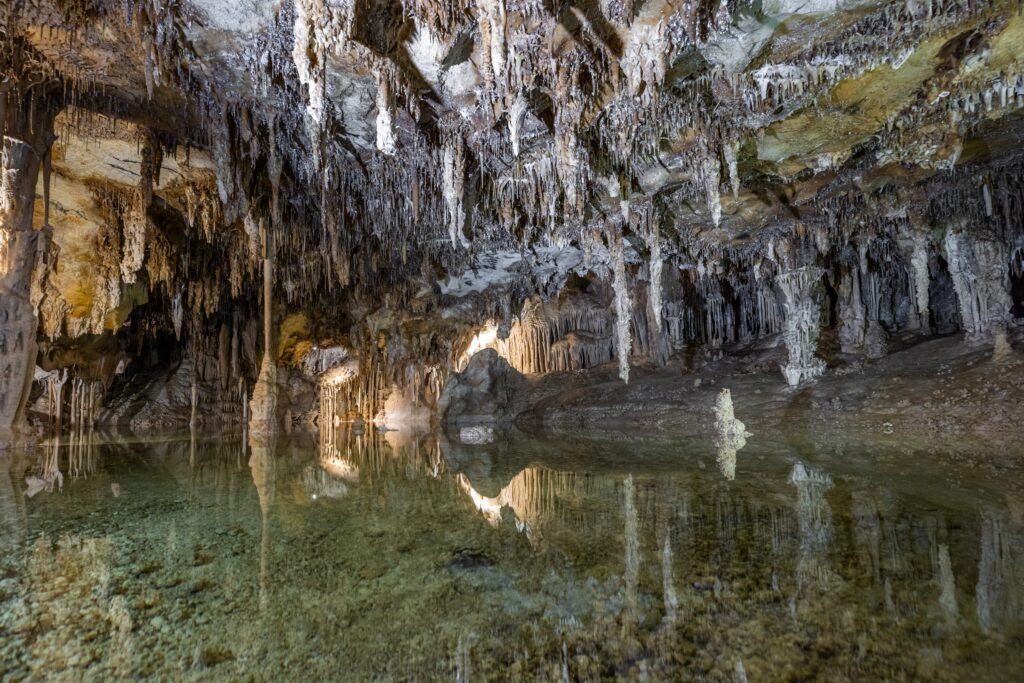 A cave interior with numerous jagged stalactites hanging from the ceiling, reflected in a clear pool of water on the rocky ground, illuminated by soft, natural light.