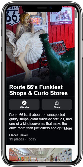 A phone screen displays an article titled Route 66’s Funkiest Shops & Curio Stores, featuring a mural of Marilyn Monroe and a green dinosaur statue in front of a red wall with Route 66 signs.
