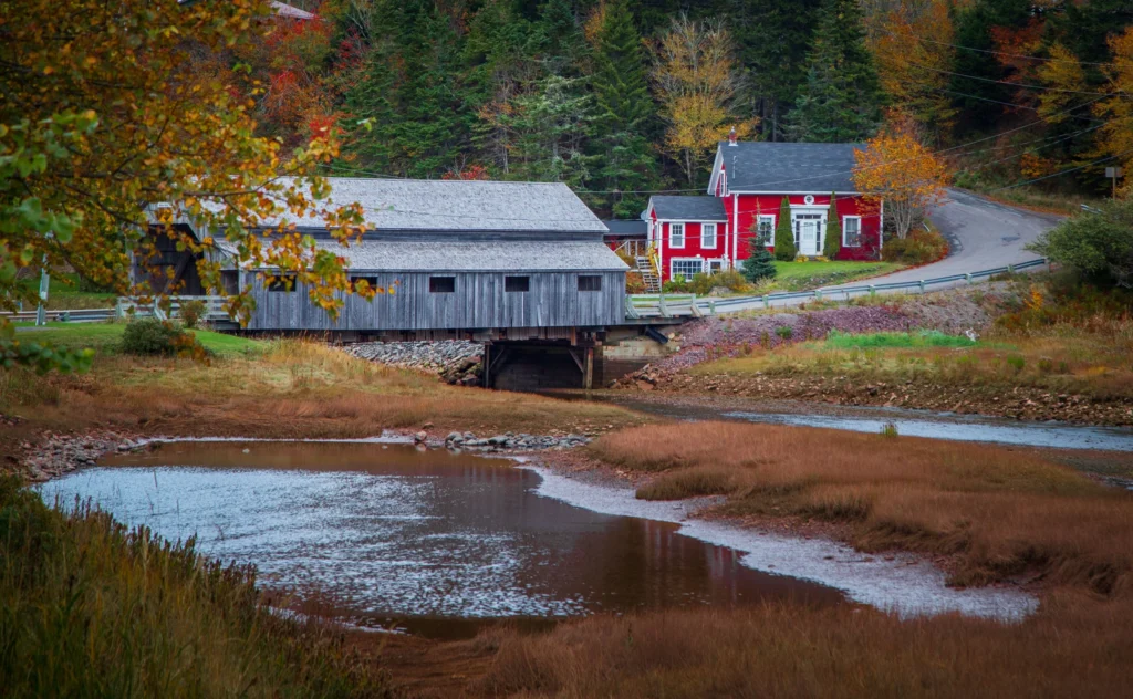A rustic covered wooden bridge crosses a narrow stream beside a bright red house, surrounded by autumn trees and brown marsh grasses in a rural landscape.