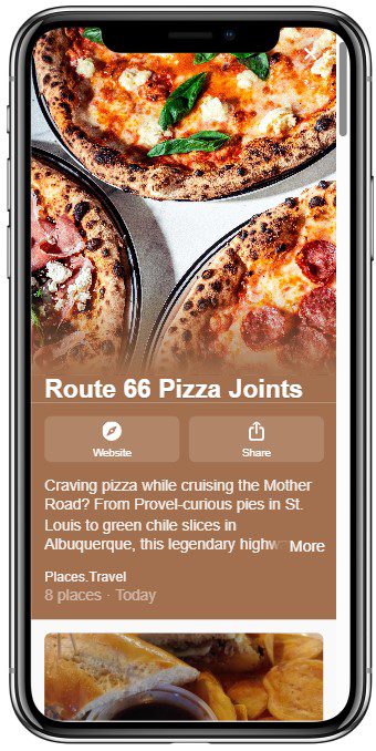 A smartphone screen displays an article about Route 66 Pizza Joints, featuring overhead shots of three different pizzas with various toppings. Buttons for Website and Share appear below the article title.