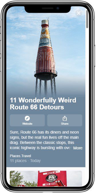 A smartphone displays an article titled “11 Wonderfully Weird Route 66 Detours,” featuring a giant red soda bottle structure with “Dr. Pepper” and “7up” logos on a metal stand against a blue sky.
