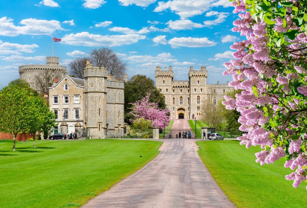 A wide path leads to a large historic stone castle with turrets and towers, surrounded by lush green lawns and trees. Pink blossoms frame the right side under a bright blue sky with scattered clouds.