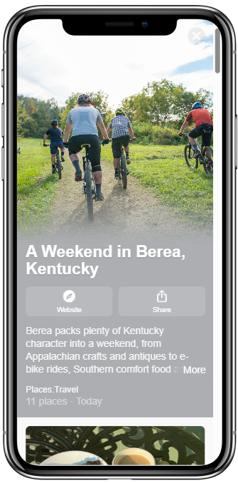 Four people ride bicycles on a grassy path in a sunny, green outdoor setting, as shown on a travel guide app highlighting a weekend in Berea, Kentucky.