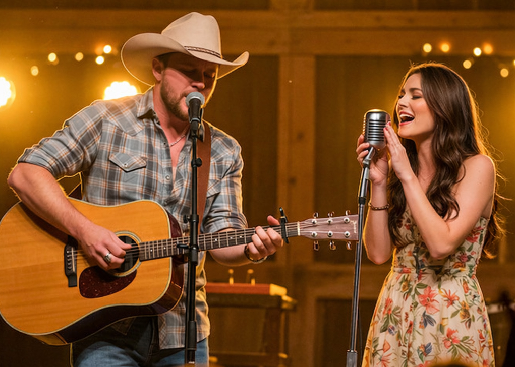 A man in a cowboy hat plays guitar and sings while a woman in a floral dress sings into a vintage microphone on stage with string lights in the background.