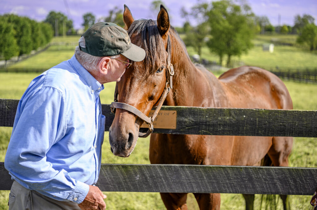 An older man in a blue shirt and green cap pets a brown horse over a wooden fence in a grassy, fenced pasture with trees in the background.