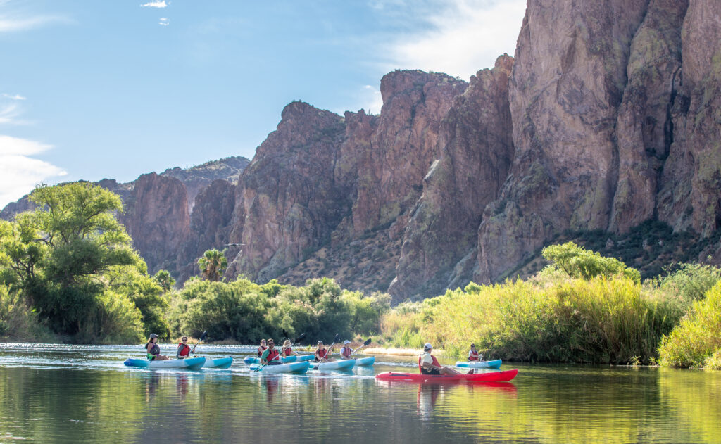 A group of people kayak on a calm river surrounded by green vegetation and tall rocky cliffs under a blue sky.