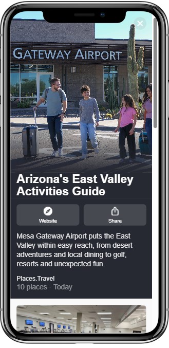 Three people with luggage walk outside Mesa Gateway Airport under a large sign, headlined “Arizona’s East Valley Activities Guide” on a mobile webpage.