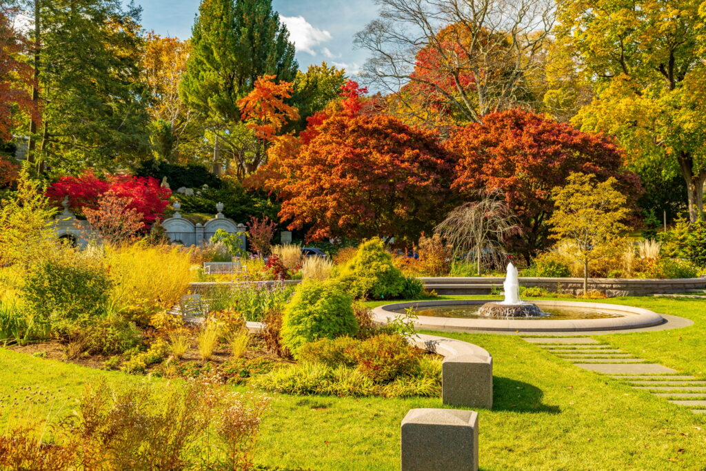 A landscaped garden in autumn features colorful trees, a small fountain in a circular basin, stone benches, and bright sunlight.