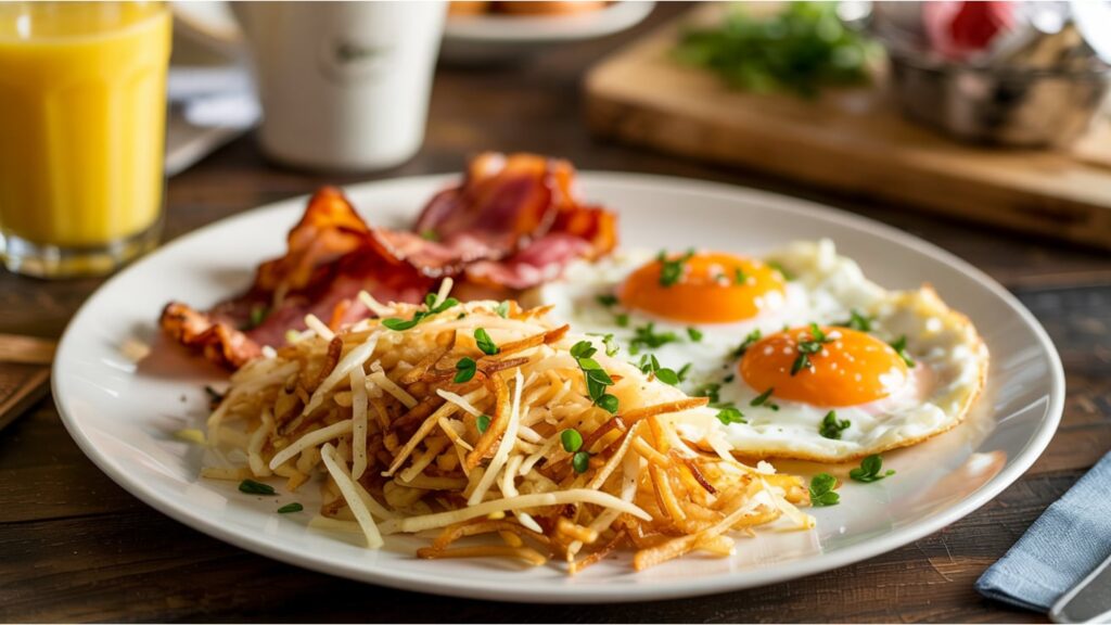 A plate with sunny side up eggs, crispy bacon, and hash browns garnished with herbs, next to a glass of orange juice on a wooden table.