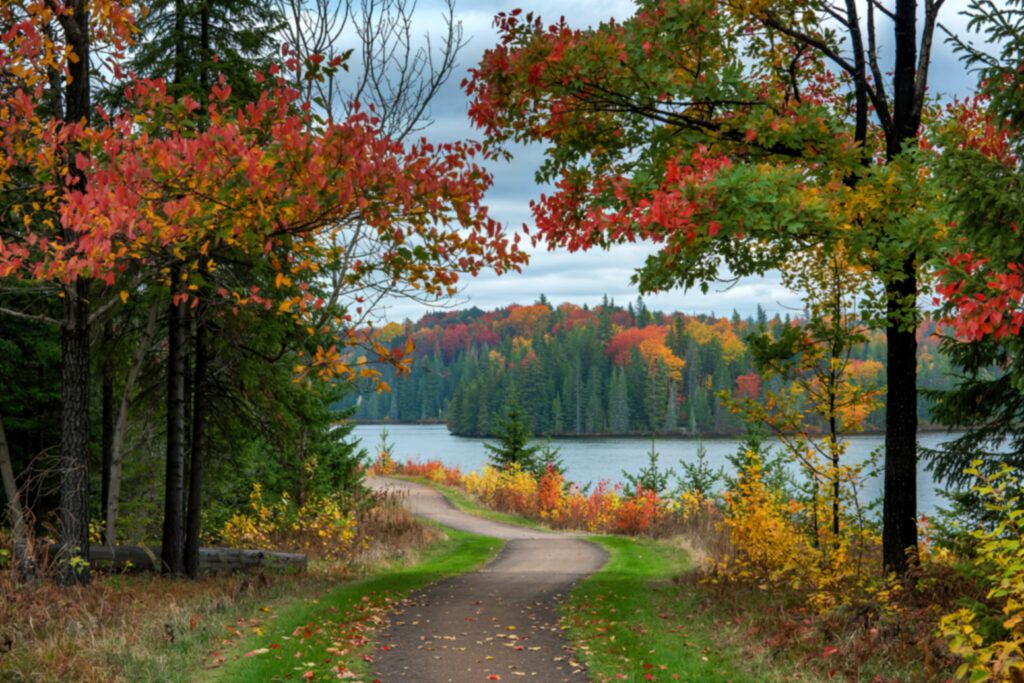 A winding path leads through colorful autumn trees toward a lake, with a forest of evergreens and fall foliage visible across the water under a cloudy sky.