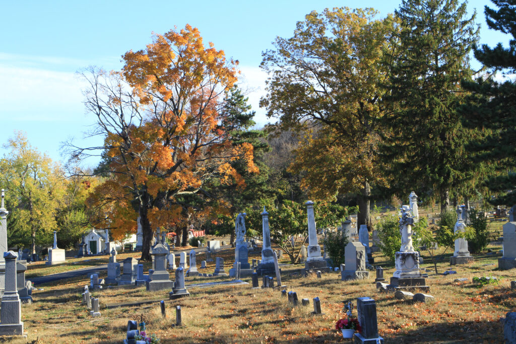 Cemetery with tombstones scattered on grassy ground, surrounded by trees with autumn foliage under a clear blue sky.