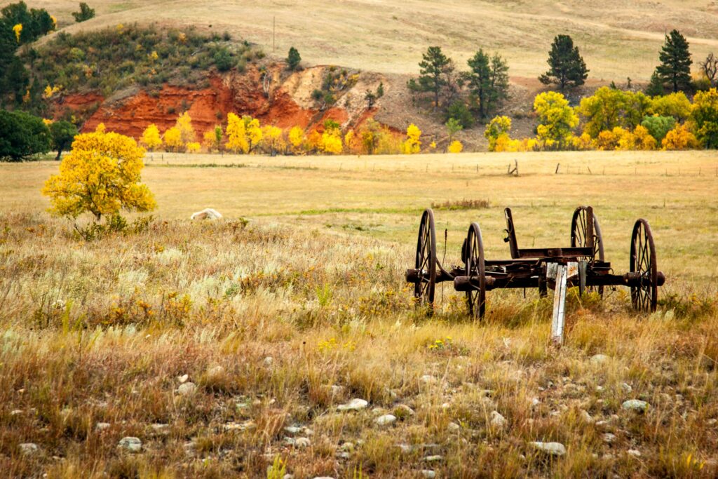A rusted vintage wagon frame sitting in a field with trees and a red hillside in the background.