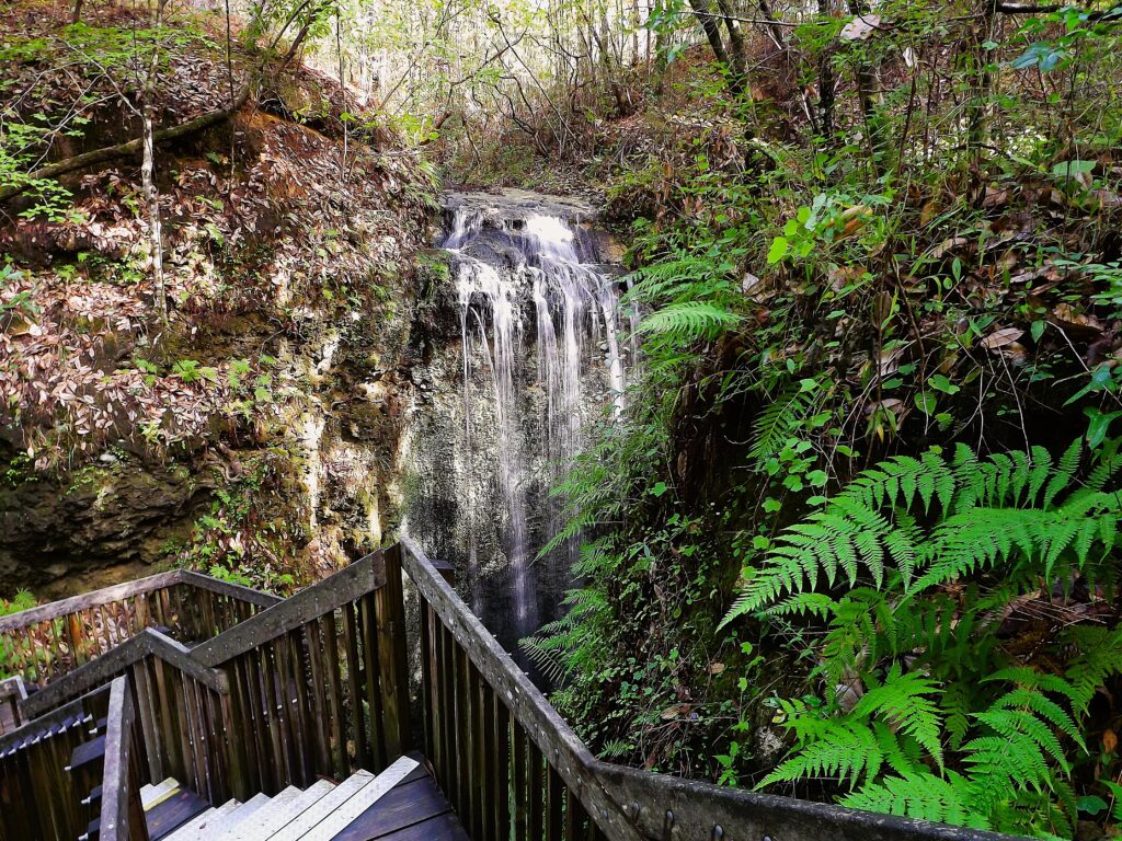 A waterfall flows into a rocky ravine, viewed from a wooden staircase.