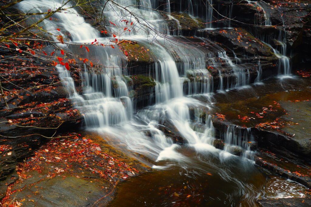 A tiered waterfall cascading over dark, mossy rocks scattered with fallen red autumn leaves.
